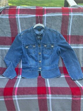 French Cuff Women's Blue Denim Collarless Button Jacket